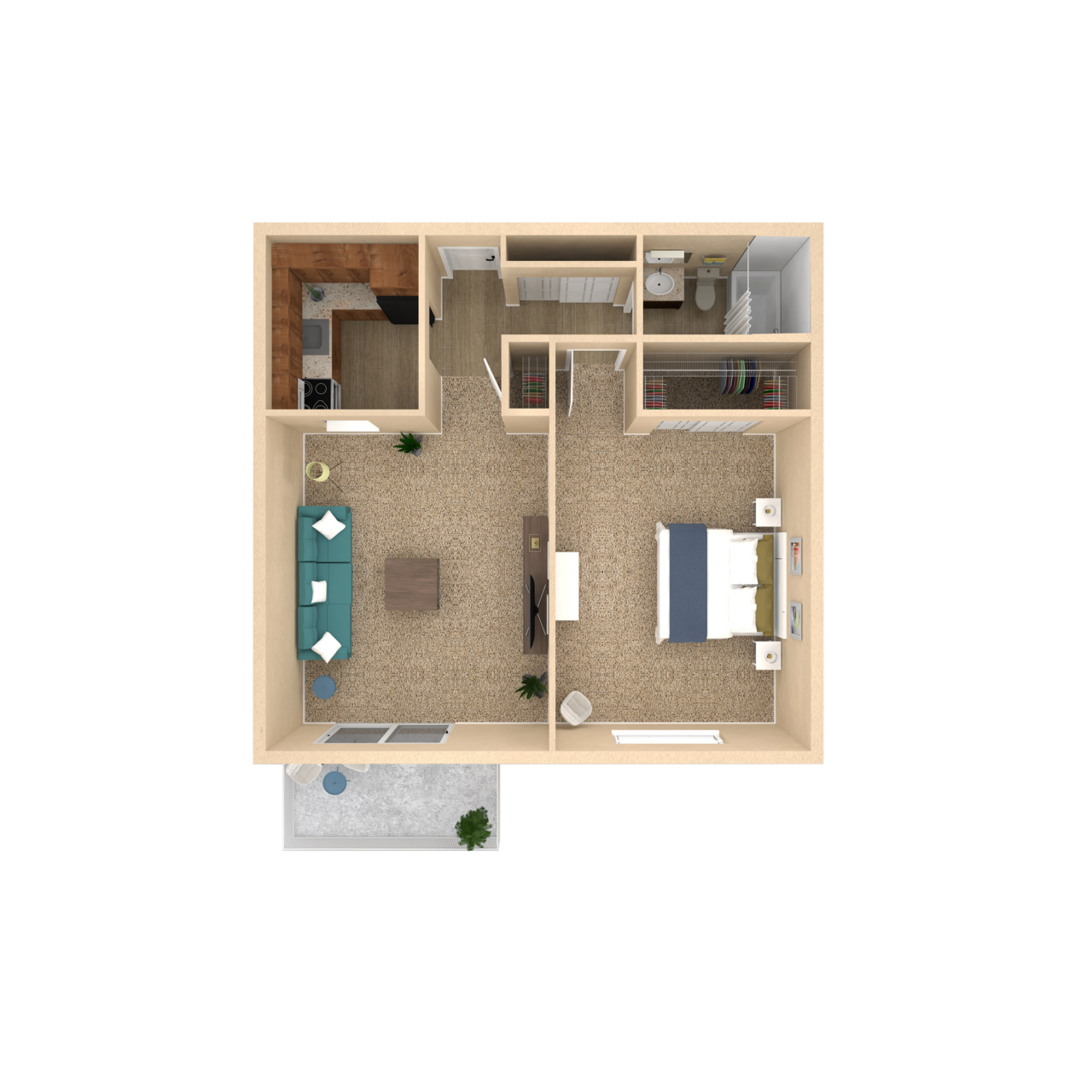 Floor plan for 1 bed, 1 bath, 676 sqft