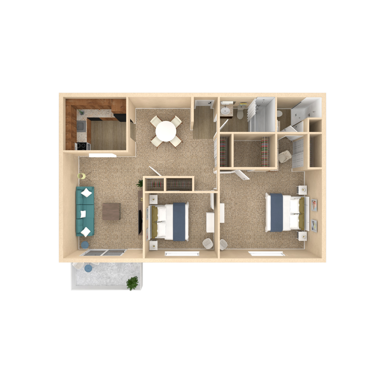 Floor plan for 2 beds, 2 baths, 1144 sqft