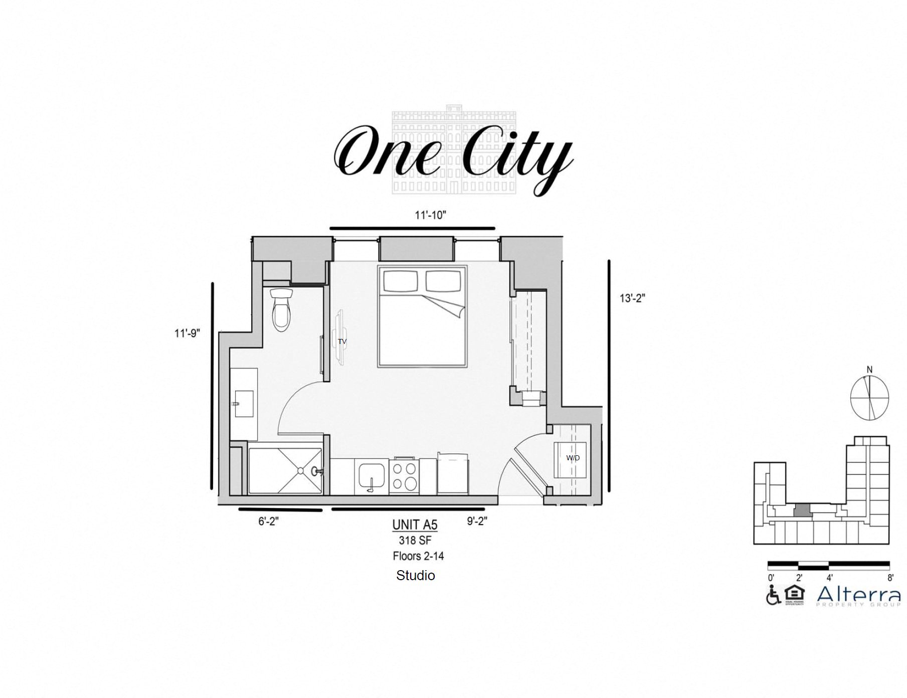 Floor plan for studio, 1 bath, 318 sqft