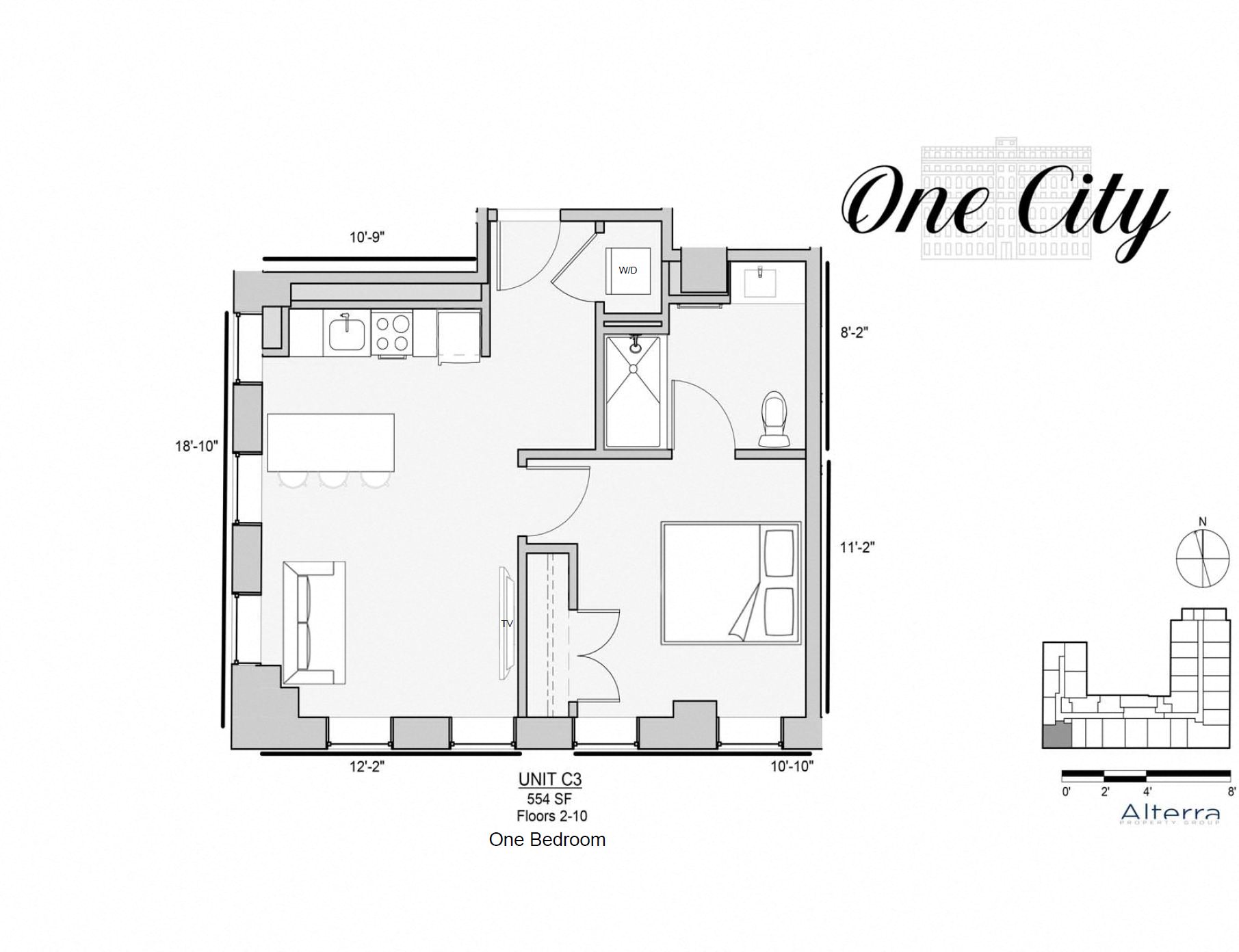 Floor plan for 1 bed, 1 bath, 554 sqft