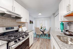 Silver Spring apartment for rent - a kitchen with white cabinets and stainless steel appliances