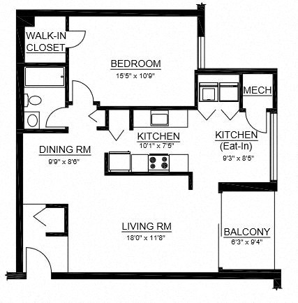 Floor plan for 1 bed, 1 bath, 936 sqft