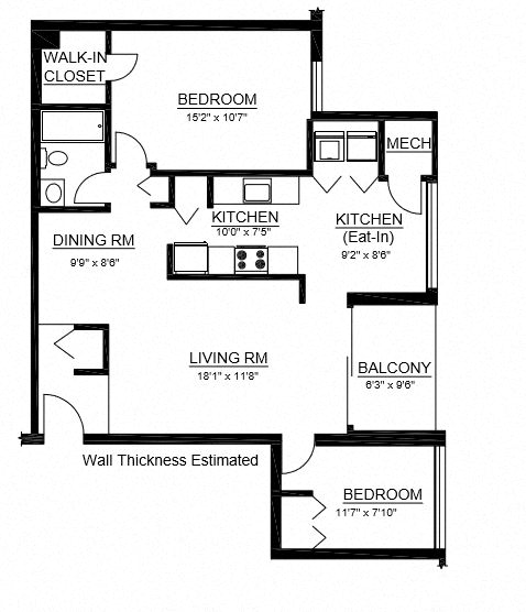 Floor plan for 1 bed, 1 bath, 1039 sqft