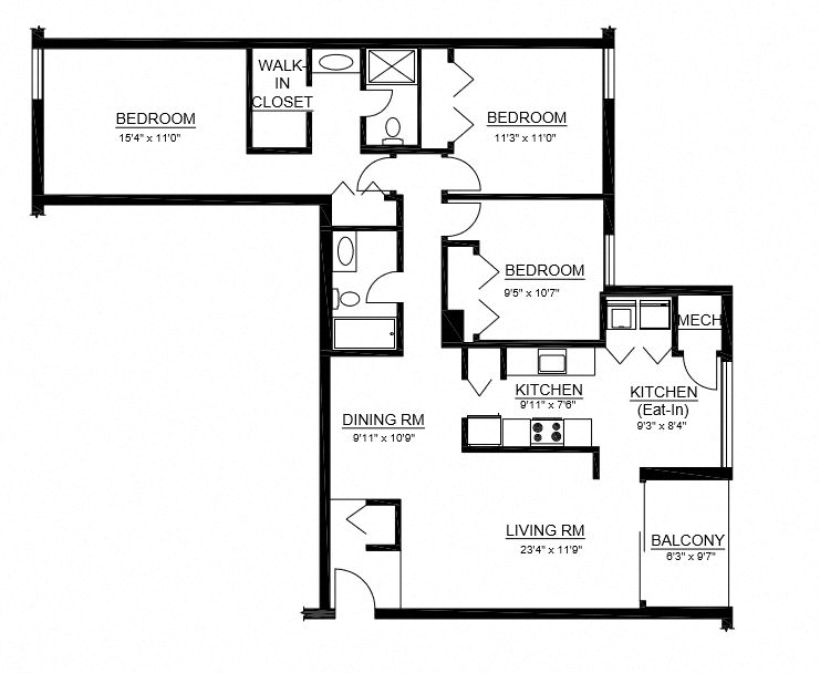 Floor plan for 3 beds, 2 baths, 1458 sqft