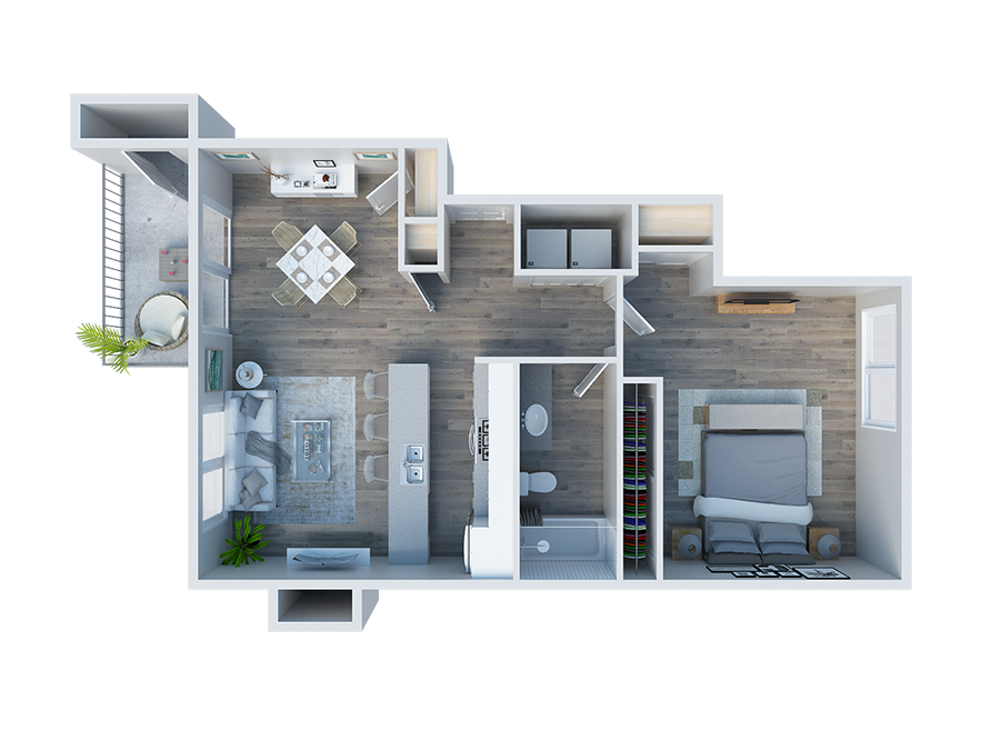 Floor plan for 1 bed, 1 bath, 708 sqft