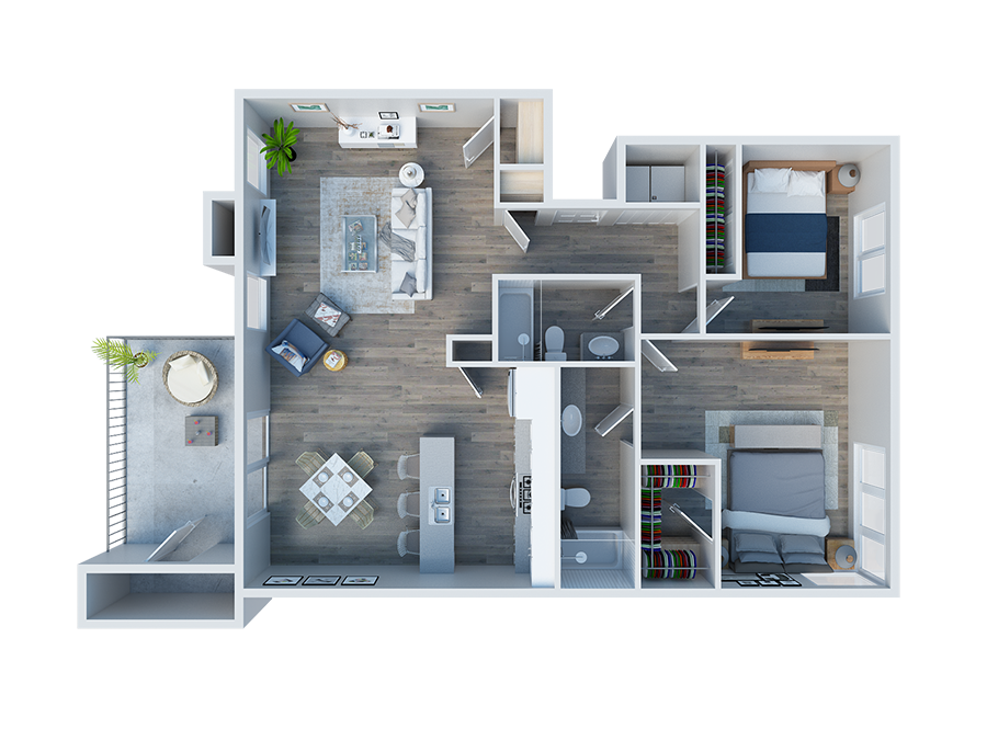 Floor plan for 2 beds, 2 baths, 986 sqft