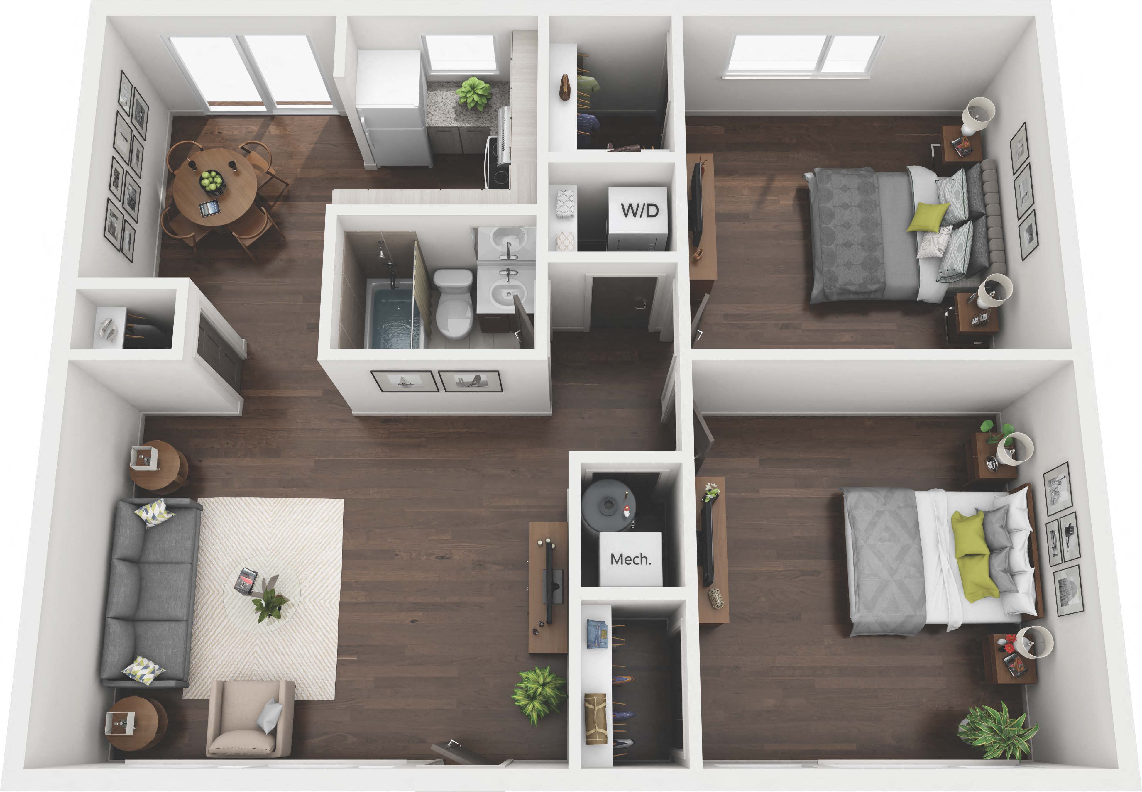 Floor plan for 2 beds, 1 bath, 965 sqft