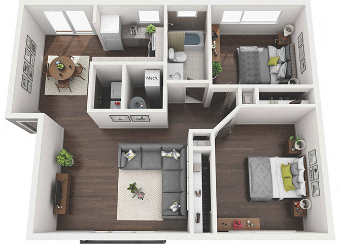 Floor plan for 2 beds, 1 bath, 917 sqft