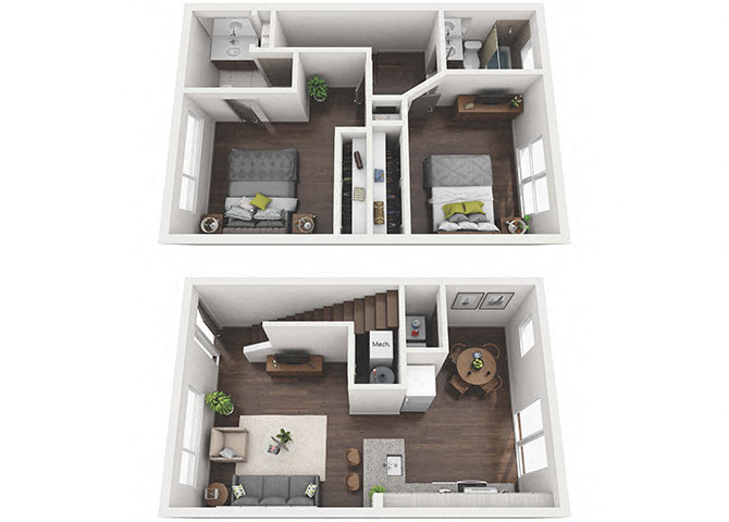 Floor plan for 2 beds, 2 baths, 936 sqft