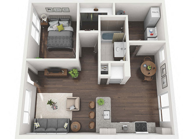 Floor plan for 1 bed, 1 bath, 729 sqft