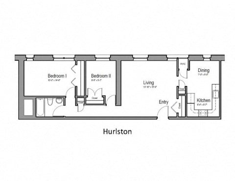 Floor plan for 2 beds, 1 bath, 857 sqft
