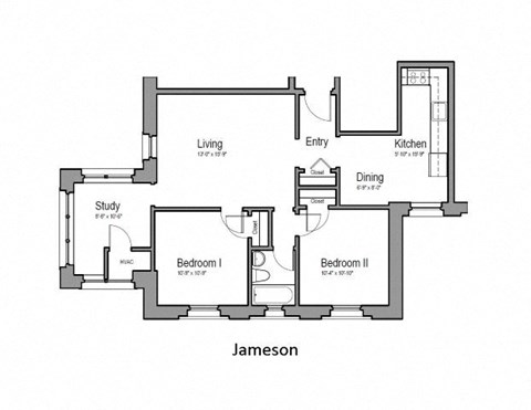 Floor plan for 2 beds, 1 bath, 771 sqft