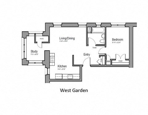 Floor plan for 1 bed, 1 bath, 694 sqft