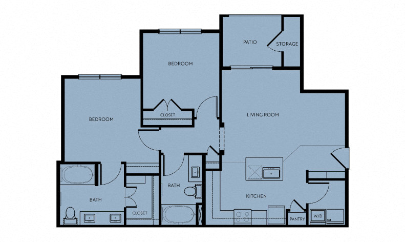 Floor plan for 2 beds, 2 baths, 960 sqft