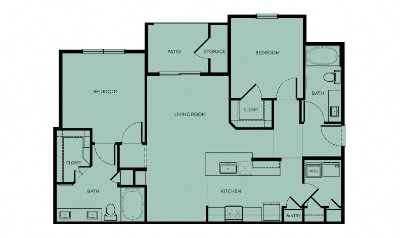 Floor plan for 2 beds, 2 baths, 1075 sqft