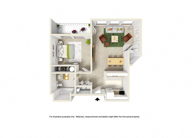 Floor plan for 1 bed, 1 bath, 658 sqft