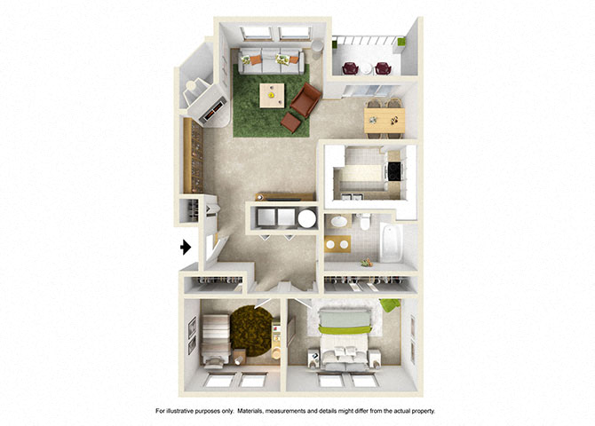 Floor plan for 2 beds, 1 bath, 856 sqft