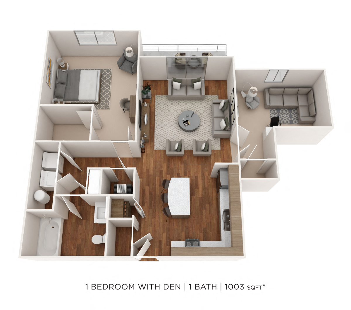 Floor plan for 1 bed, 1 bath, 1003 sqft