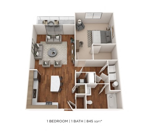 Floor plan for 1 bed, 1 bath, 845 sqft