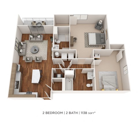 Floor plan for 2 beds, 2 baths, 1138 sqft