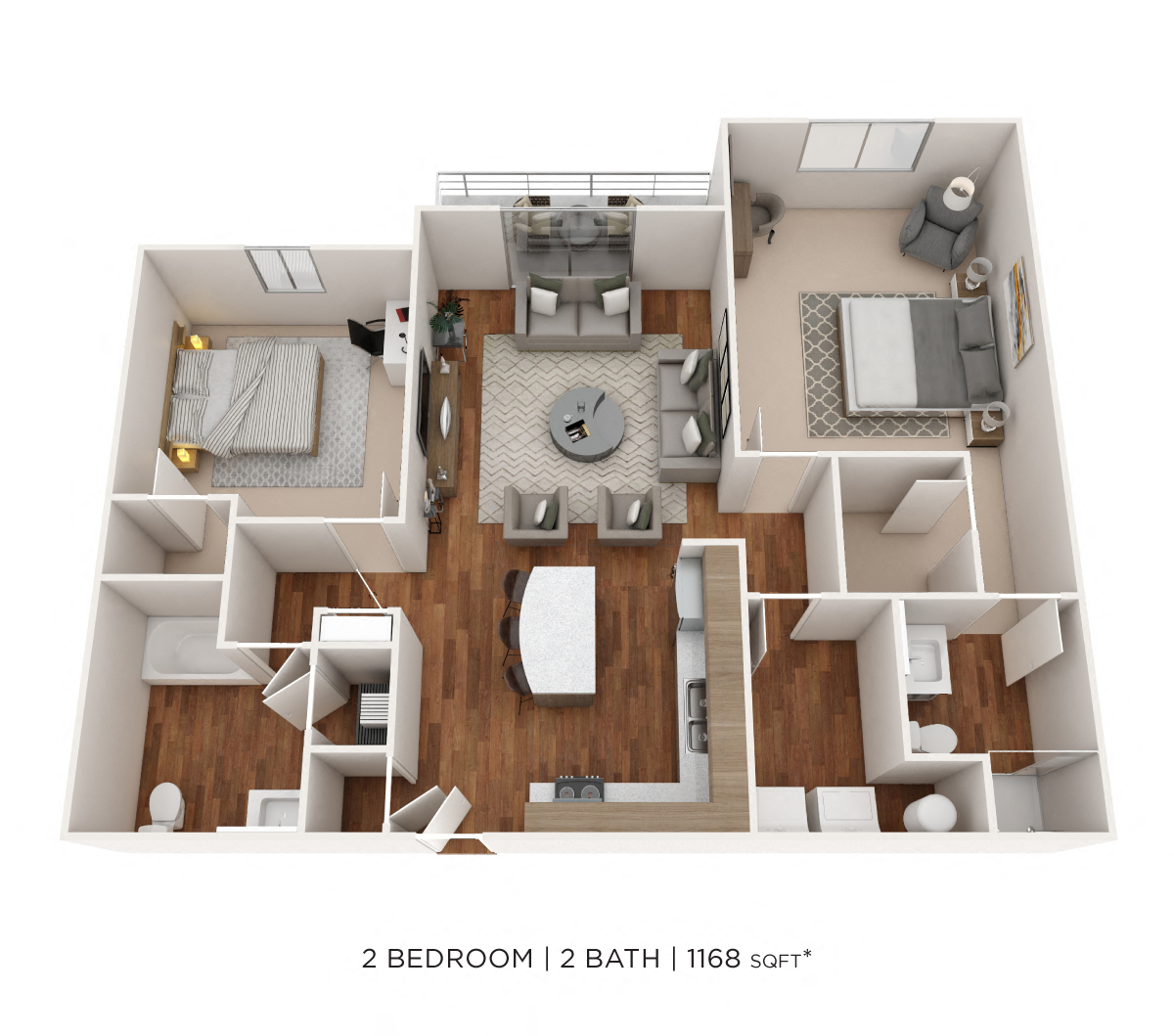 Floor plan for 2 beds, 2 baths, 1168 sqft