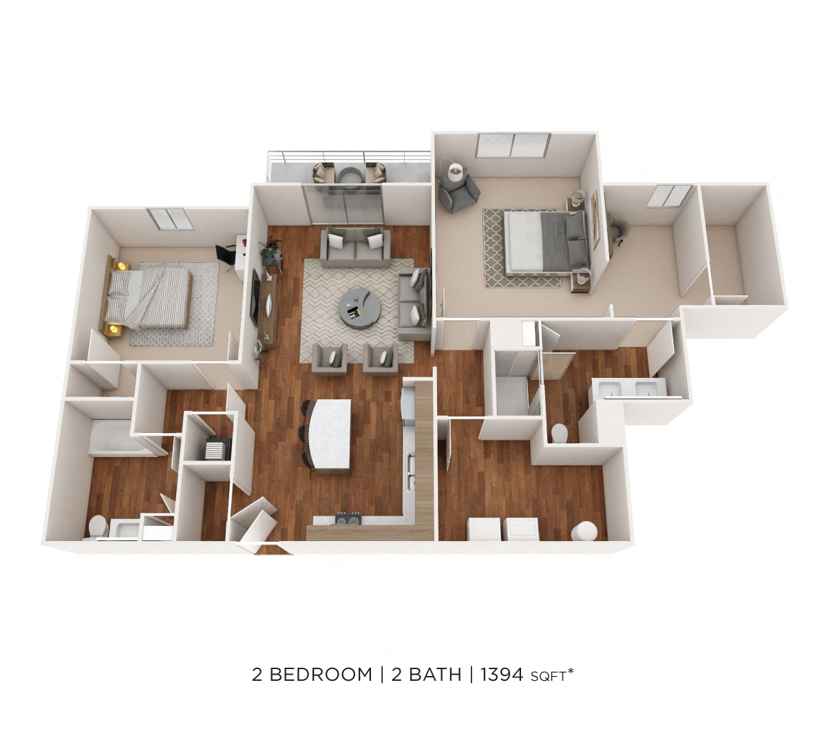 Floor plan for 2 beds, 2 baths, 1394 sqft