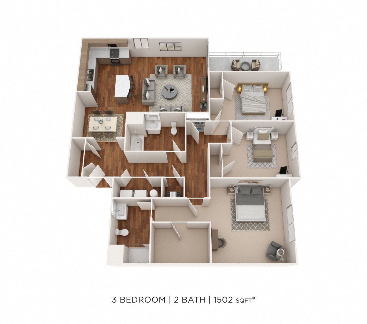 Floor plan for 3 beds, 2 baths, 1502 sqft