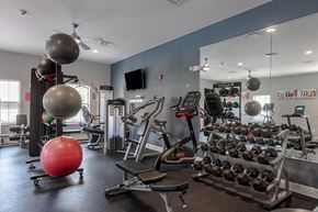 Aliquippa apartment for rent - a gym with weights and balls and a large mirror
