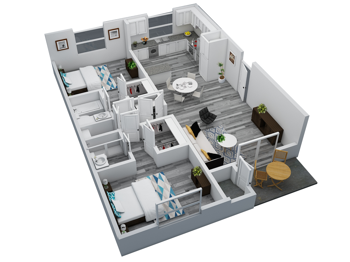 Floor plan for 2 beds, 2 baths, 1200 sqft