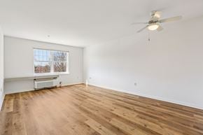 Gwynn Oak apartment for rent - A room with a ceiling fan and a window with a view of trees and a building outside.