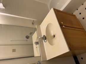 Gwynn Oak apartment for rent - A white sink with a wooden cabinet above it.