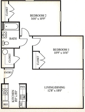 Gwynn Oak apartment for rent - A floor plan of a two bedroom apartment with a living/dining area.