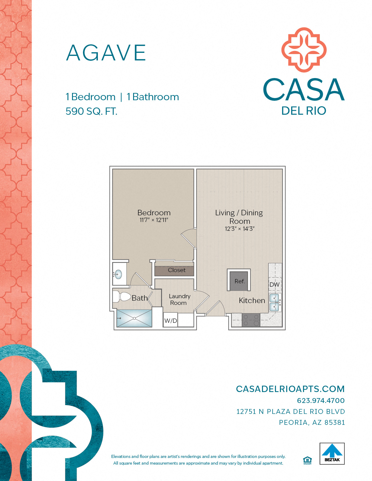 Floor plan for 1 bed, 1 bath, 590 sqft
