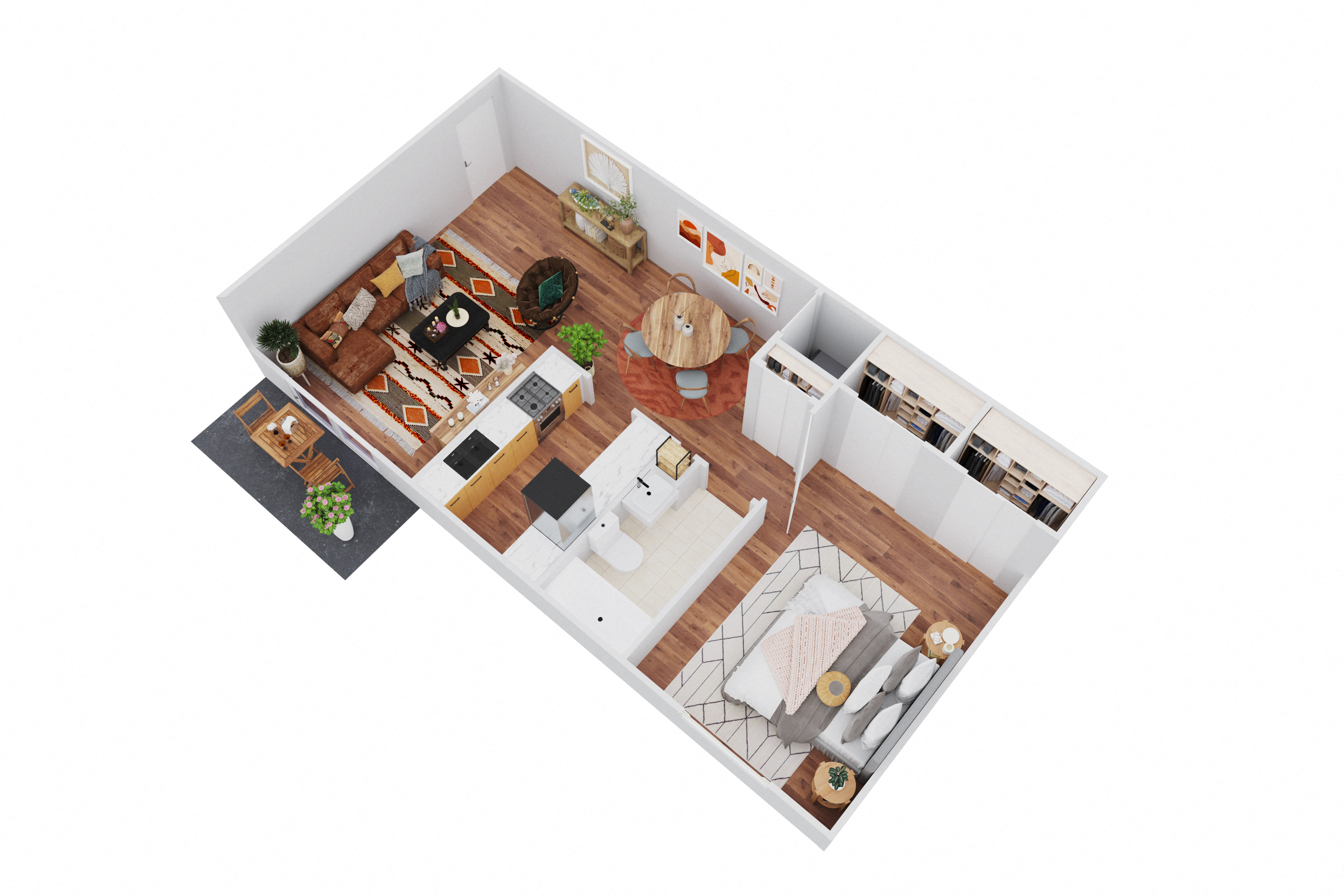 Floor plan for 1 bed, 1 bath, 690 sqft