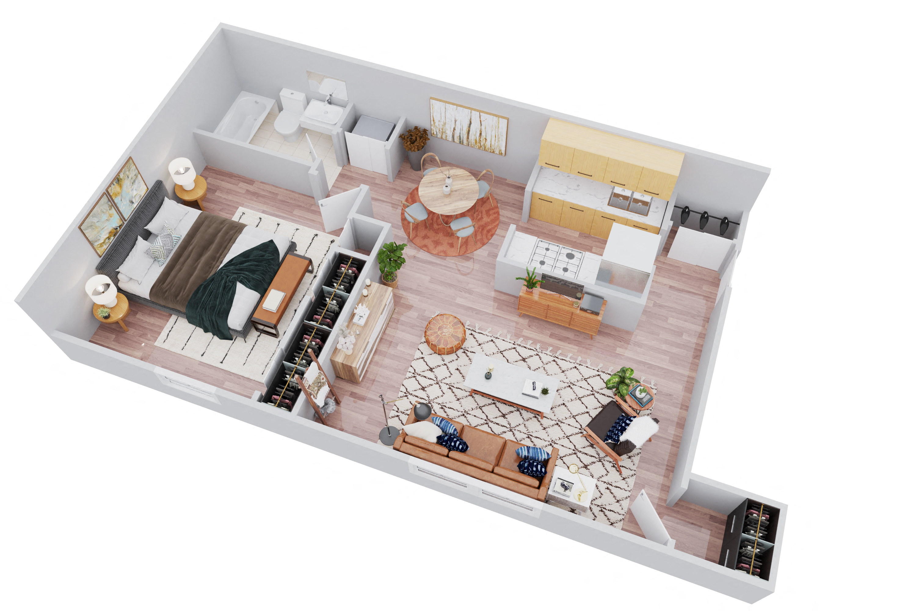 Floor plan for 1 bed, 1 bath, 690 sqft