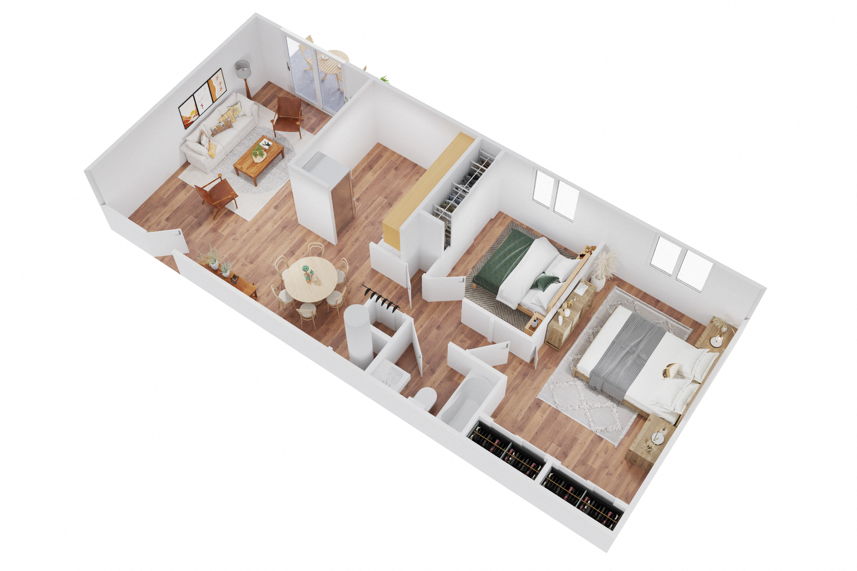 Floor plan for 2 beds, 1 bath, 855 sqft