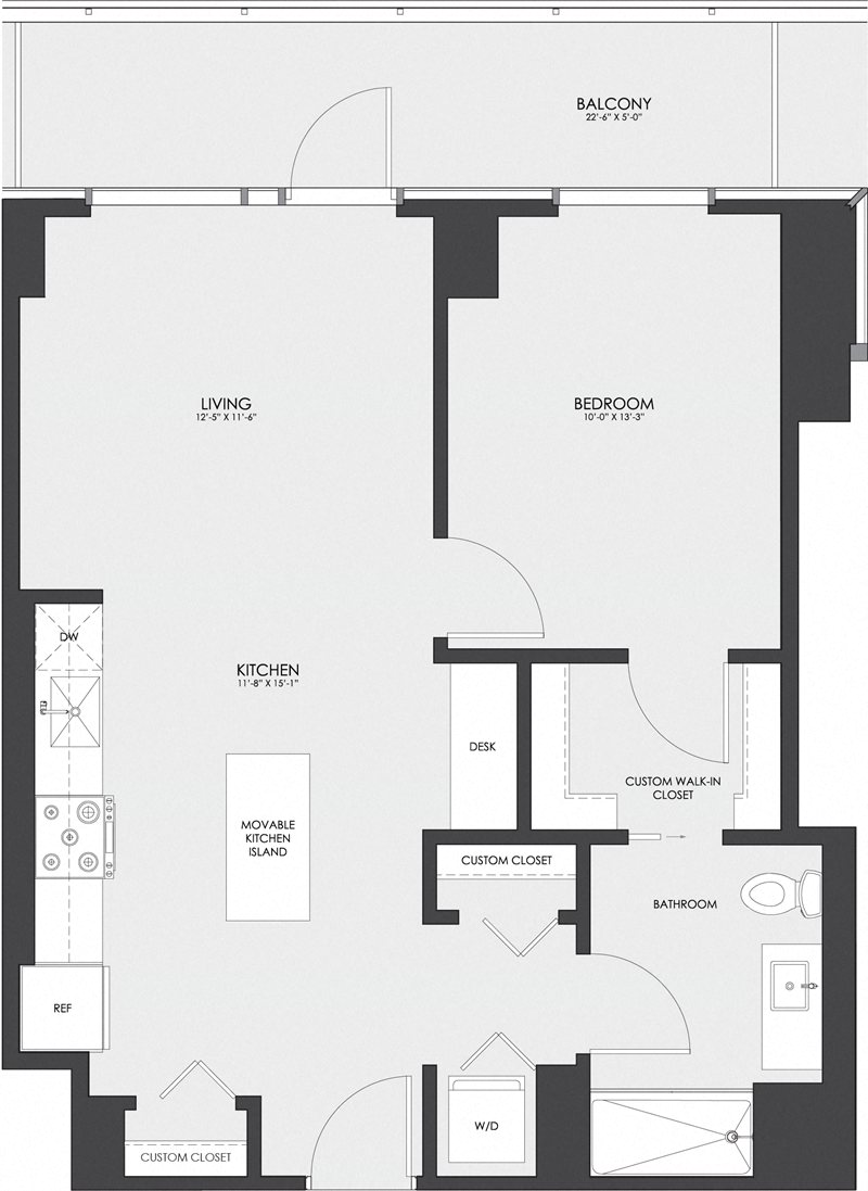 Floor plan for 1 bed, 1 bath, 711 sqft