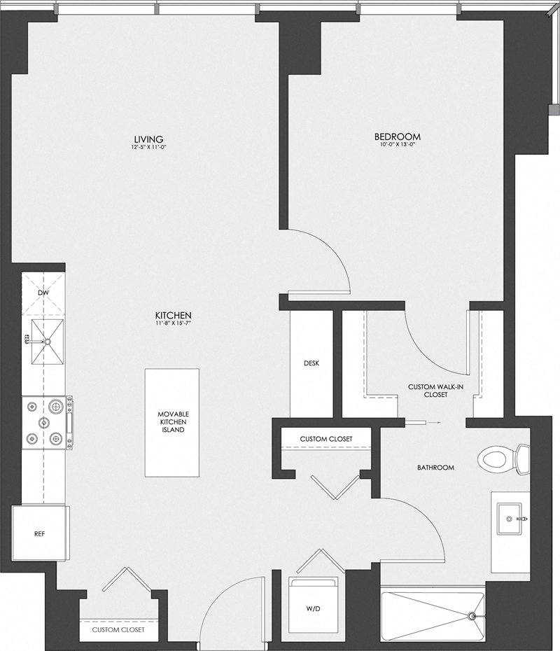 Floor plan for 1 bed, 1 bath, 711 sqft