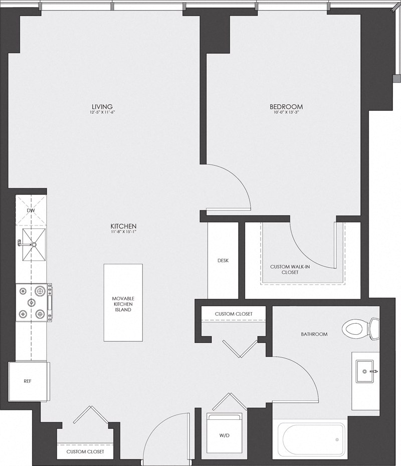Floor plan for 1 bed, 1 bath, 711 sqft
