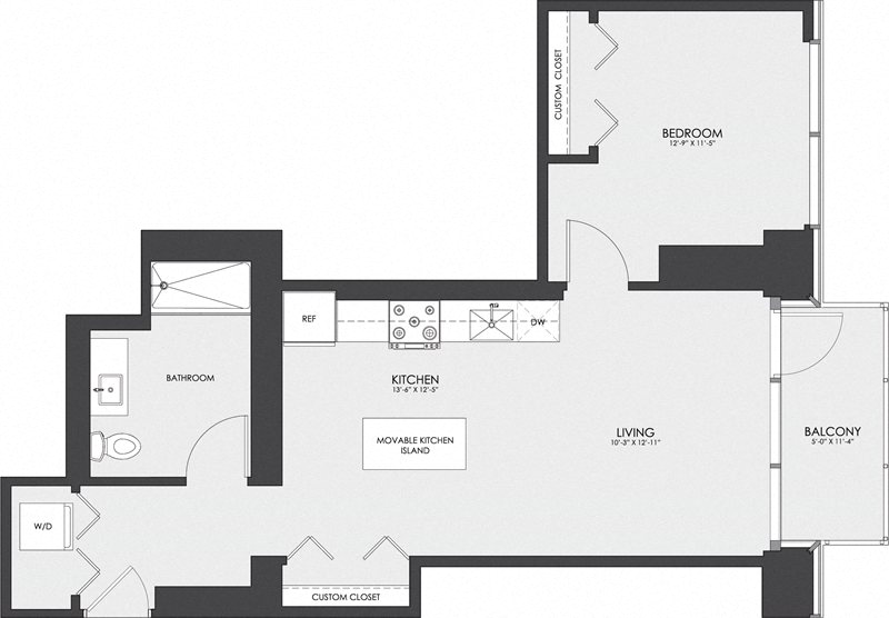 Floor plan for 1 bed, 1 bath, 721 sqft