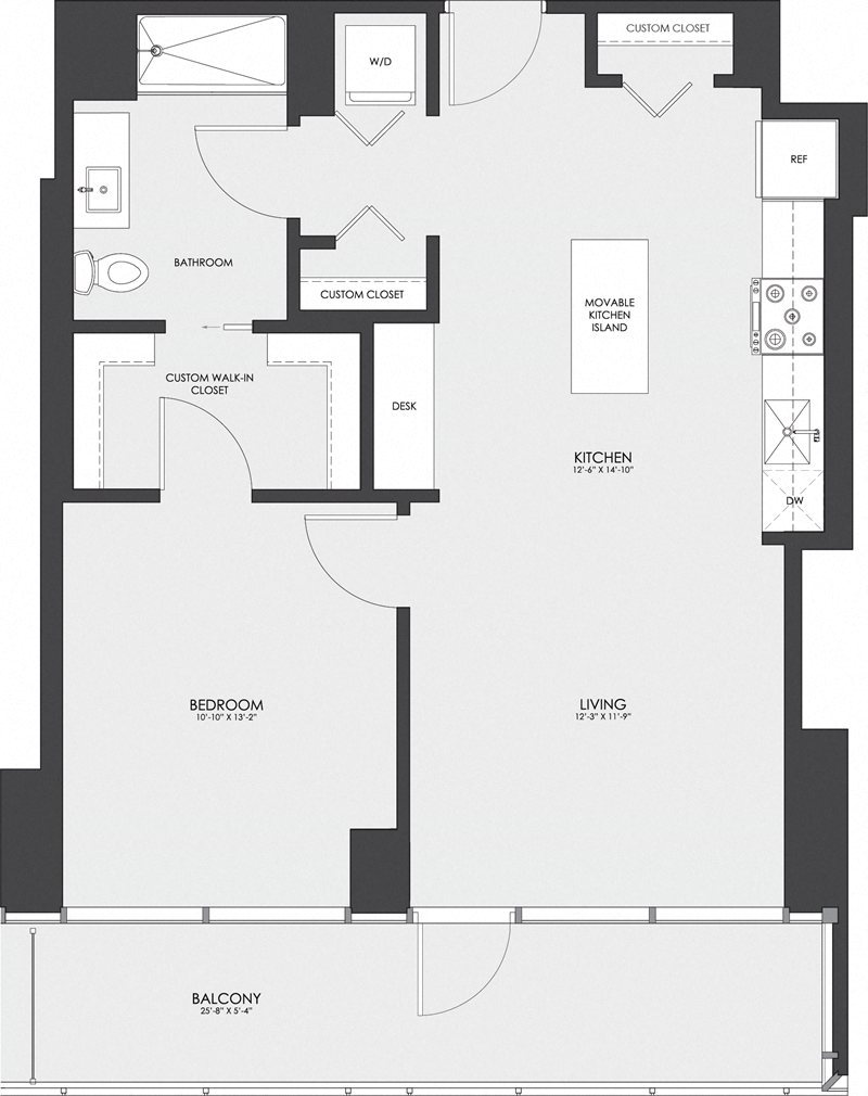 Floor plan for 1 bed, 1 bath, 746 sqft