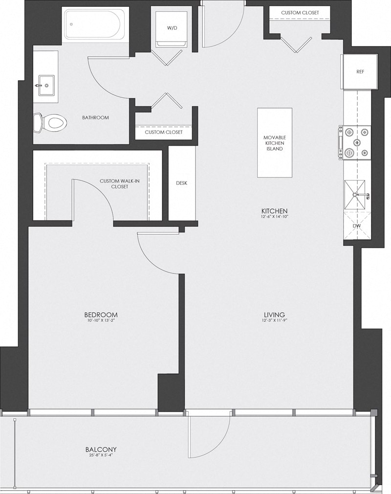 Floor plan for 1 bed, 1 bath, 746 sqft