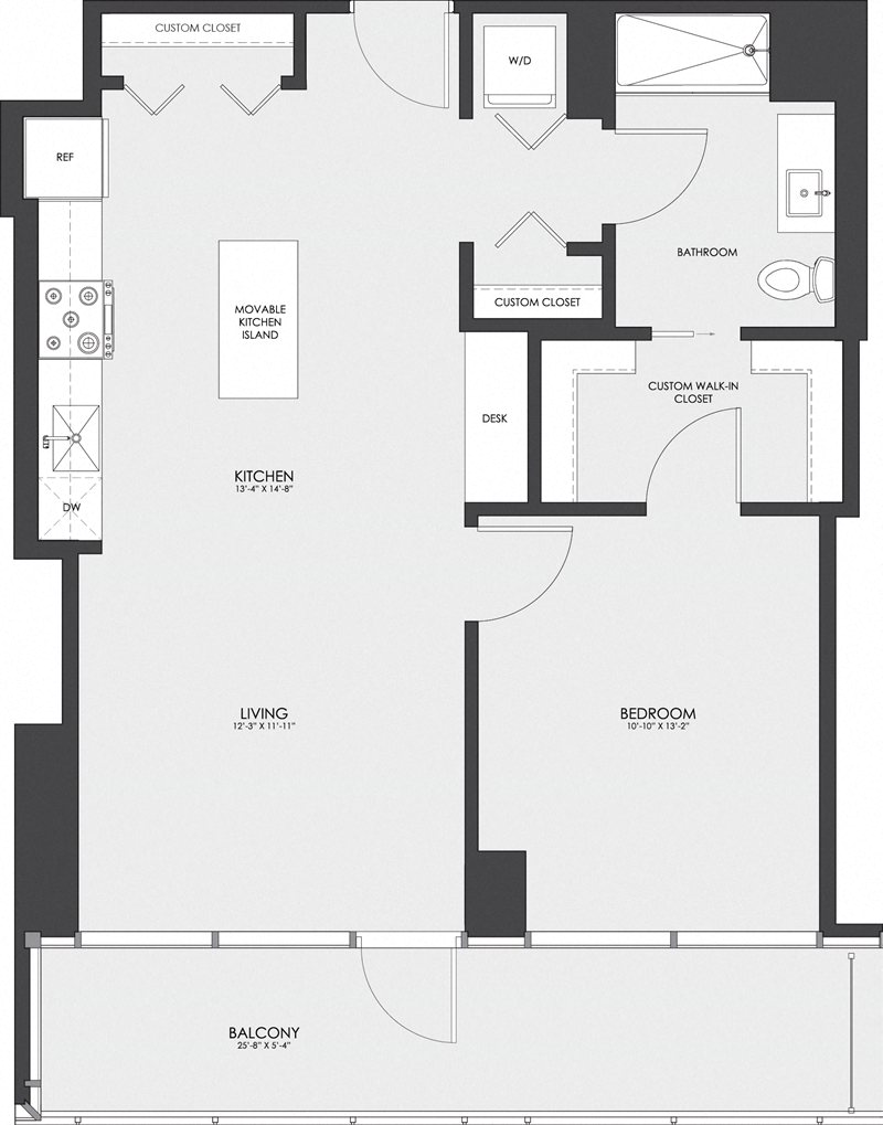 Floor plan for 1 bed, 1 bath, 765 sqft
