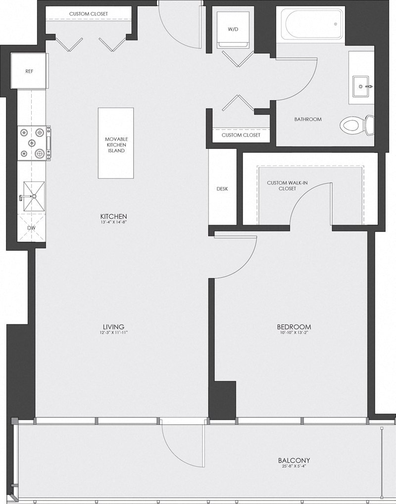 Floor plan for 1 bed, 1 bath, 765 sqft