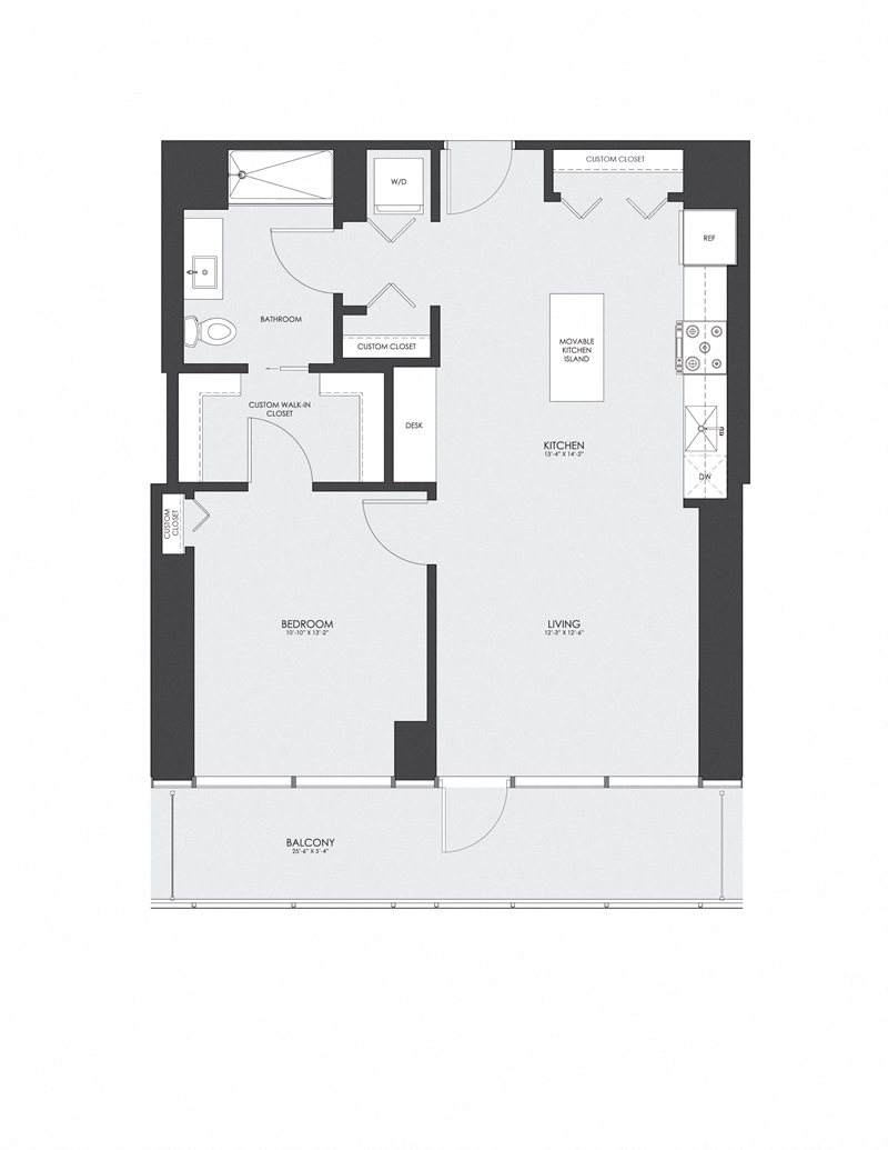Floor plan for 1 bed, 1 bath, 784 sqft