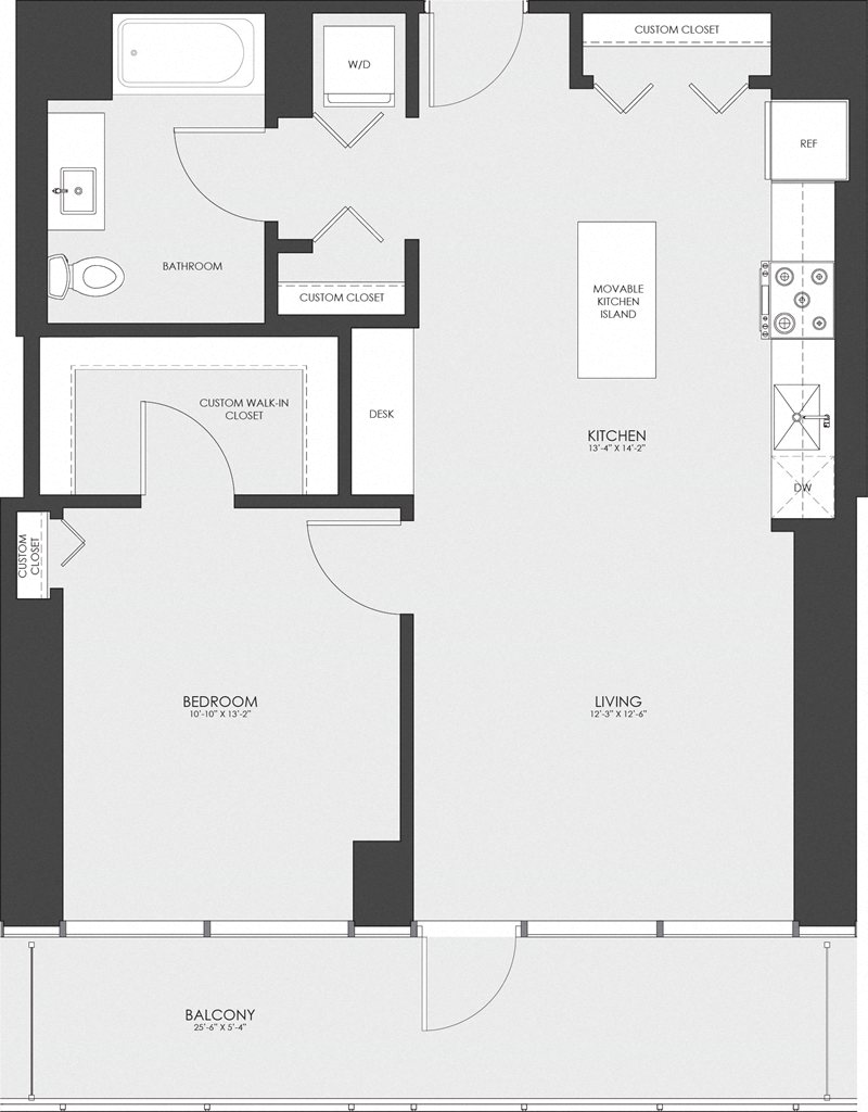 Floor plan for 1 bed, 1 bath, 784 sqft