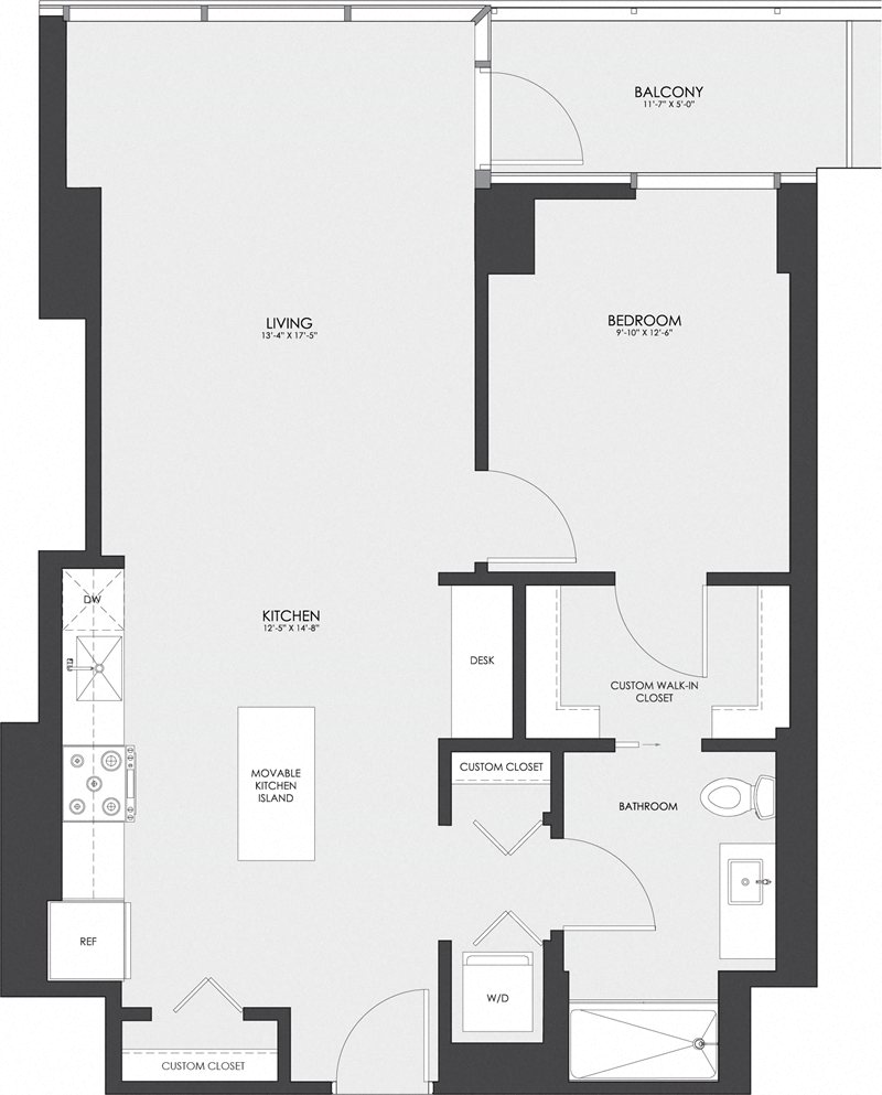 Floor plan for 1 bed, 1 bath, 789 sqft