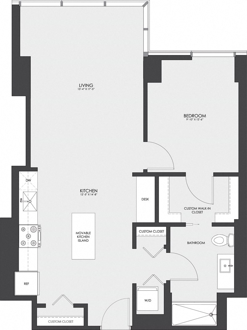 Floor plan for 1 bed, 1 bath, 789 sqft