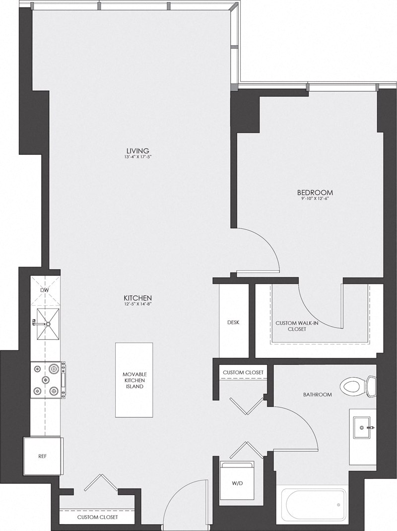 Floor plan for 1 bed, 1 bath, 789 sqft