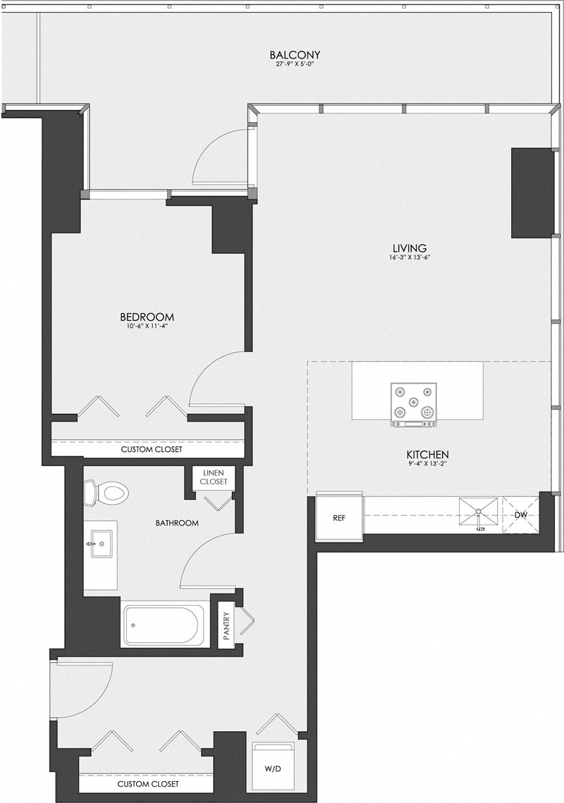Floor plan for 1 bed, 1 bath, 804 sqft